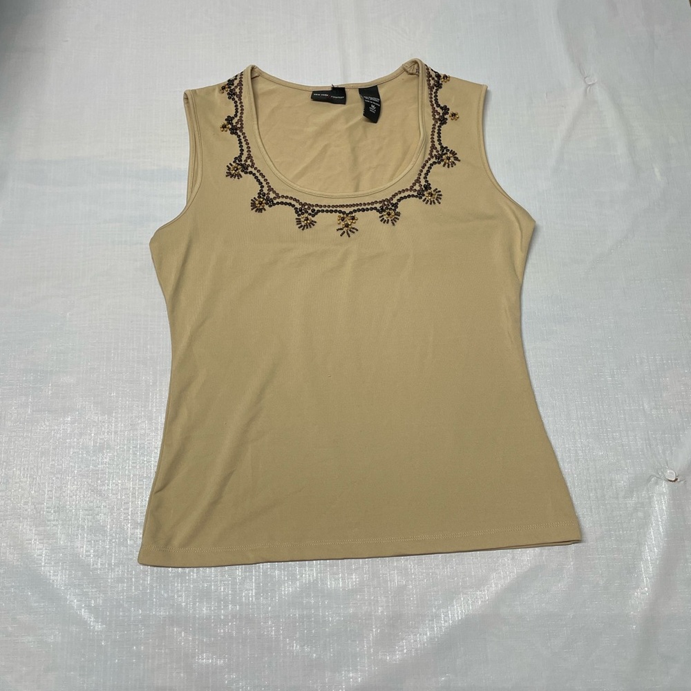 New York & Company Cream Tank with Brown Embroidered Neckline Sz: Medium